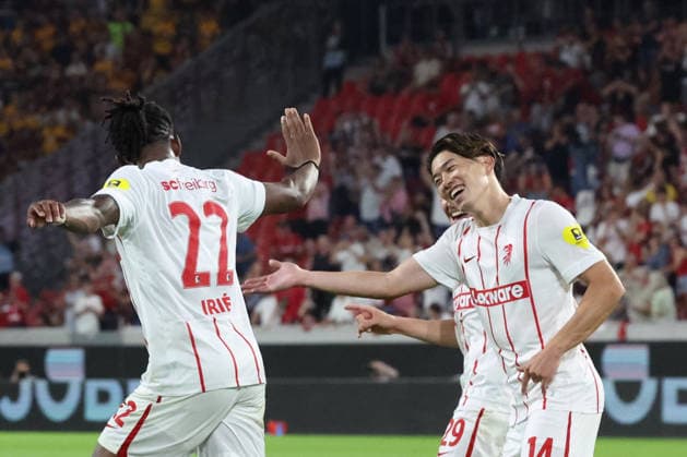 August 27, 2026, xrekx, Conference League Qualifiers, SC Freiburg vs. FC Motherwell – Goal celebration after Cyriaque Irie’s goal to make it 3–1 for SC Freiburg, featuring Yuito Suzuki, SC Freiburg, Freiburg