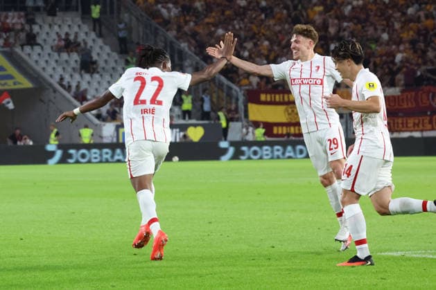 August 27, 2026, xrekx, Soccer Conference League Qualifiers, SC Freiburg vs. FC Motherwell – Goal celebration after Cyriaque Irie scored to make it 3–1 for SC Freiburg, featuring Philipp Treu – SC Freiburg, Freiburg