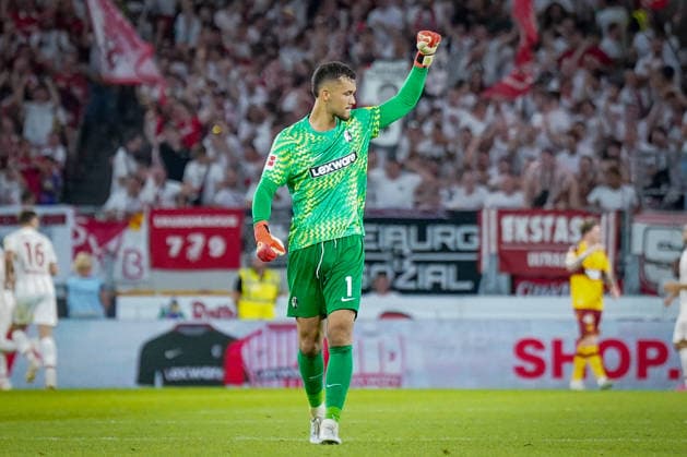 Germany UEFA Conference League Qualifiers: SC Freiburg vs. FC Motherwell, Playoffs 2026–2027, Europa-Park Stadium, Freiburg; Mio Backhaus, SC Freiburg; 1 Joy, Emotions, Cheering Copyright: xJOERANxSTEINSIEKx