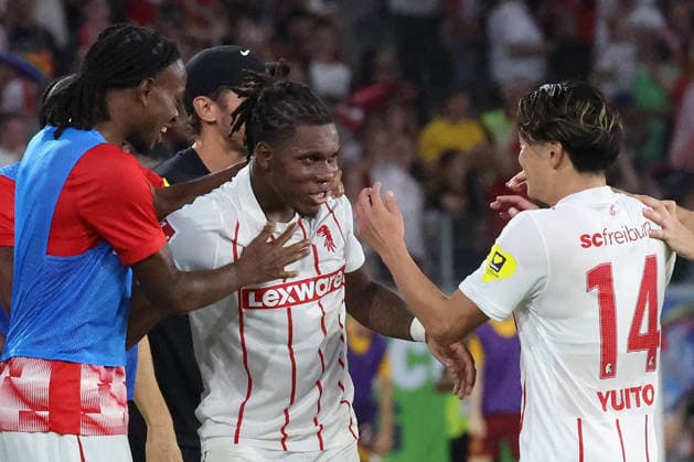 August 27, 2026, xrekx, Soccer Conference League Qualifiers, SC Freiburg vs. FC Motherwell – Goal celebration after Cyriaque Irie s goal for SC Freiburg, 3–1, Freiburg