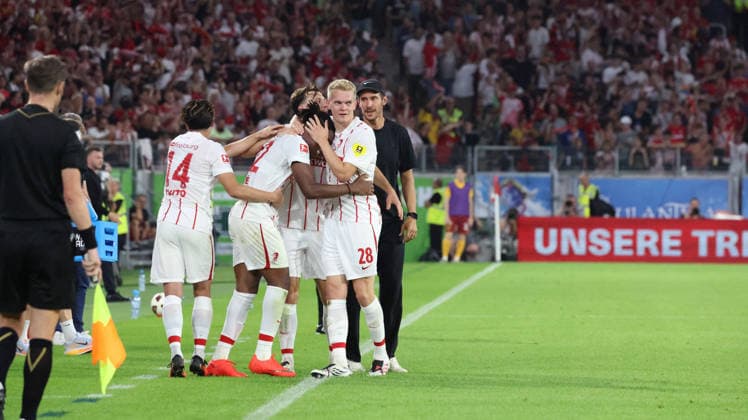 August 27, 2026, xrekx, Soccer Conference League Qualifiers, SC Freiburg vs. FC Motherwell – Goal celebration after Cyriaque Irie scored the 3-1 goal for SC Freiburg, featuring Matthias Ginter and Julian Schuster, coach of SC Freiburg, Freiburg