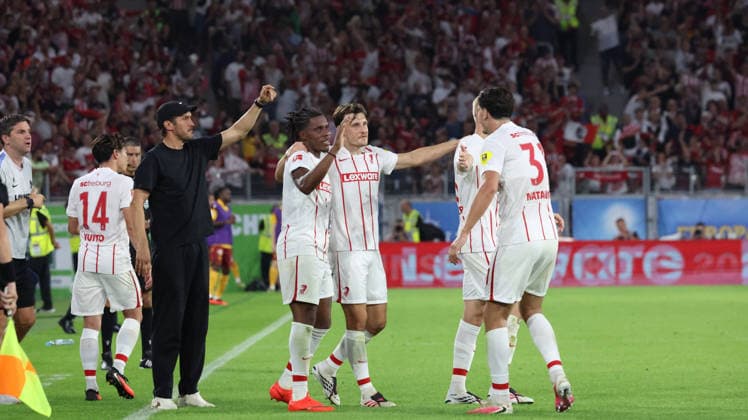 August 27, 2026, xrekx, Soccer Conference League Qualifiers, SC Freiburg vs. FC Motherwell – Goal celebration after Cyriaque Irie s goal, which gave SC Freiburg a 3–1 lead; Julian Schuster, SC Freiburg coach; Freiburg