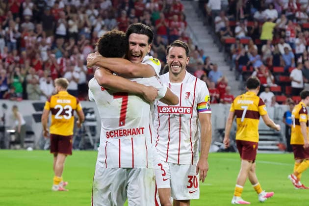 SC Freiburg celebrates Igor Matanovic s goal to make it 2-1. SC Freiburg, 31, Germany, Soccer, UEFA Conference League, Playoffs, 2026–2027, SC Freiburg vs. Motherwell FC, August 27, 2026, Freiburg im Breisgau, Europa-Park Stadium, Germany Copyright: xGrantxHubbsx