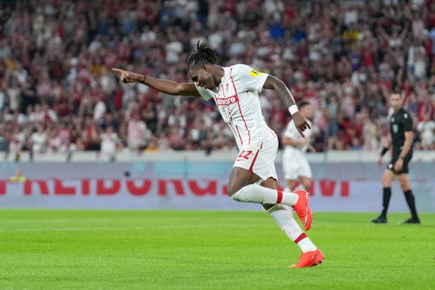 Cyriaque Irià Cyriaque Irie SC Freiburg, 22 goal celebration, emotions, shot on goal, finish, goal scored, goal, hit, Germany, soccer, UEFA Conference League, playoffs, second leg, 2026–2027, SC Freiburg vs. Motherwell FC, August 27, 2026, Europa-Park Stadium, Freiburg, Freiburg, Europa-Park Stadium, Baden-Württemberg, Germany Copyright: xArnexAmbergx