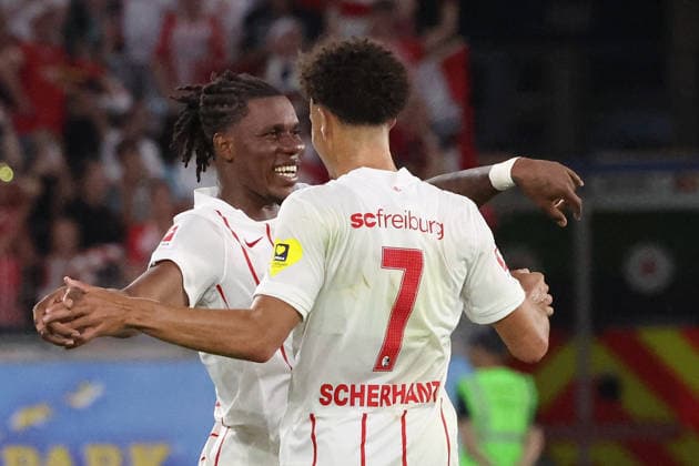 August 27, 2026, xrekx, Soccer Conference League Qualifiers, SC Freiburg vs. FC Motherwell – Goal celebration after Cyriaque Irie scored to make it 3–1 for SC Freiburg, featuring Derry Scherhant, SC Freiburg, Freiburg