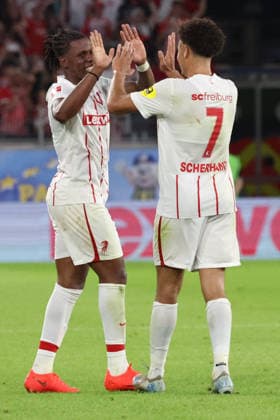 August 27, 2026, xrekx, Soccer Conference League Qualifiers, SC Freiburg vs. FC Motherwell – Goal celebration after Cyriaque Irie scored to make it 3–1 for SC Freiburg, featuring Derry Scherhant, SC Freiburg, Freiburg