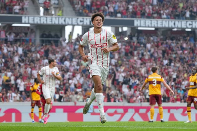 Derry Scherhant, SC Freiburg, 07 Goal celebration, Emotions, Shot on goal, Finish, Goal scored, Goal, Hit, Germany, Soccer, UEFA Conference League, Playoffs, Second leg, 2026–2027, SC Freiburg vs. Motherwell FC, August 27, 2026, Europa-Park Stadium, Freiburg, Freiburg, Europa-Park Stadium, Baden-Württemberg, Germany Copyright: xArnexAmbergx