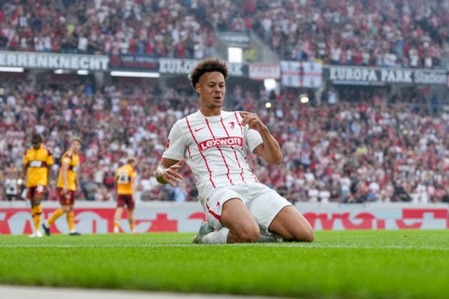 Derry Scherhant, SC Freiburg, 07 Goal celebration, Emotions, Shot on goal, Finish, Goal scored, Goal, Hit, Germany, Soccer, UEFA Conference League, Playoffs, Second leg, 2026–2027, SC Freiburg vs. Motherwell FC, August 27, 2026, Europa-Park Stadium, Freiburg, Freiburg, Europa-Park Stadium, Baden-Württemberg, Germany Copyright: xArnexAmbergx