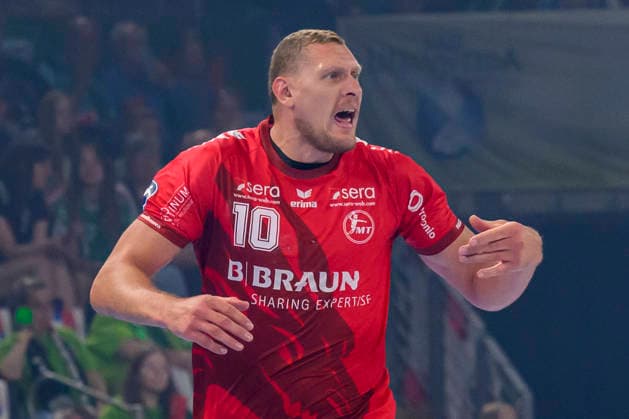 In the photo, from left: Dainis Kristopans, MT Melsungen, 10, GER, Berlin, handball, Füchse Berlin vs. MT Melsungen, at the Max Schmeling Halle, August 27, 2026, Copyright: HMBxMedia UwexKoch