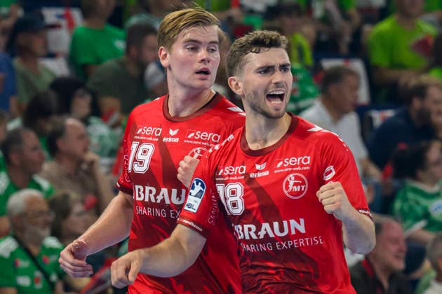 In the photo, from left: Reynir Stefansson (MT Melsungen), 19; Florian Drosten (MT Melsungen), 18; goal, score, celebration, goal celebration, joy, enthusiasm, celebrating, GER, Berlin, handball, Füchse Berlin vs. MT Melsungen, at the Max Schmeling Halle, August 27, 2026, Copyright: HMBxMedia UwexKoch