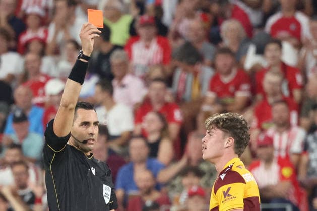 August 27, 2026, xrekx, Soccer Conference League Qualifiers, SC Freiburg vs. Motherwell FC – Referees: Andrea Colombo and Jake Girdwood; Motherwell FC player Reich received a red card; Freiburg