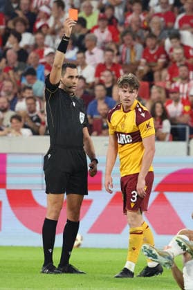 August 27, 2026, xrekx, Soccer Conference League Qualifiers, SC Freiburg vs. Motherwell FC – Referees: Andrea Colombo and Jake Girdwood; Motherwell FC player Reich received a red card; Freiburg
