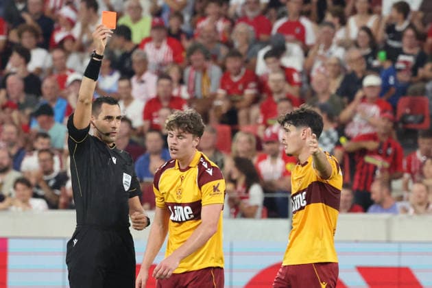 August 27, 2026, xrekx, Soccer Conference League Qualifier, SC Freiburg vs. FC Motherwell: Referee Andrea Colombo and Jake Girdwood Reich (Motherwell FC) issued a red card to Jamie Knight Lebel (Motherwell FC); Motherwell FC gives instructions, gesticulates with his arms; Freiburg