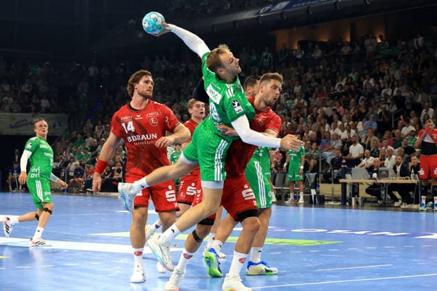 August 27, 2026, GER Germany, Handball, 1st Bundesliga, August 27, 2026, 2026–2027 season, Berlin, Fuechse Berlin vs. Melsungen, Mathias Gidsel (Fuechse Berlin 19), Olle Forsell Schefvert (MT Melsungen 25), Berlin, Max Schmeling Hall, Berlin, Germany Copyright: xNordphotox xEnglerx
