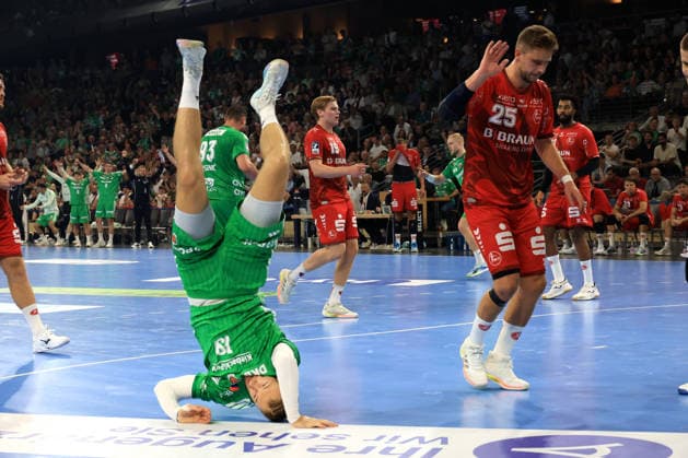 August 27, 2026, GER Germany, Handball, 1st Bundesliga, August 27, 2026, 2026–2027 season, Berlin, Fuechse Berlin vs. Melsungen, Mathias Gidsel, Fuechse Berlin 19, celebration, cheering, joy, happiness, happy, positive emotions, handstand, Berlin, Max Schmeling Halle, Berlin, Germany Copyright: xNordphotox xEnglerx