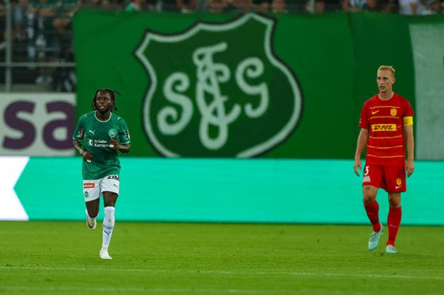 August 27, 2026, Soccer, UEFA Conference League, Playoffs, Second Leg, FC St. Gallen 1879 vs. FC Nordsjælland, Berit Sitter Stadium, St. Gallen, Switzerland. Aliou Balde scores the 2-2 equalizer for FCSG in the 14th minute, FC St. Gallen 1879, photo by Urs Ottiger