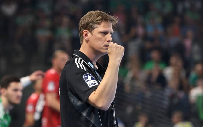 Coach Nicolej Krickau celebrates: Joy, Emotion, Cheering, Sports, Handball, HBL Bundesliga Men s Division 1, Matchday, 2026–2027 Season, August 27, 2026, Füchse Berlin vs. MT Melsungen