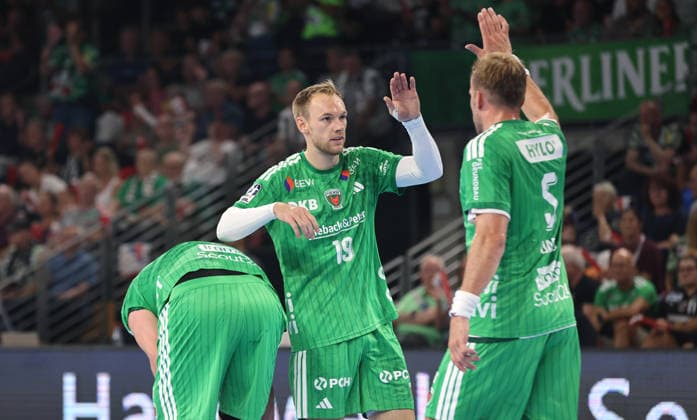Mathias Gidsel high-fives Max Darj; Upper-body action; Sports; Handball; HBL Bundesliga Men s Division 1; Matchday; 2026–2027 Season; August 27, 2026; Füchse Berlin vs. MT Melsungen