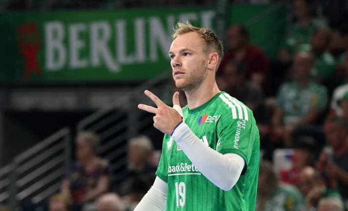 Mathias Gidsel pointing, gesturing; action; upper body; sports; handball; HBL Bundesliga; Men s 1; Matchday; 2026–2027 season; August 27, 2026; Füchse Berlin vs. MT Melsungen