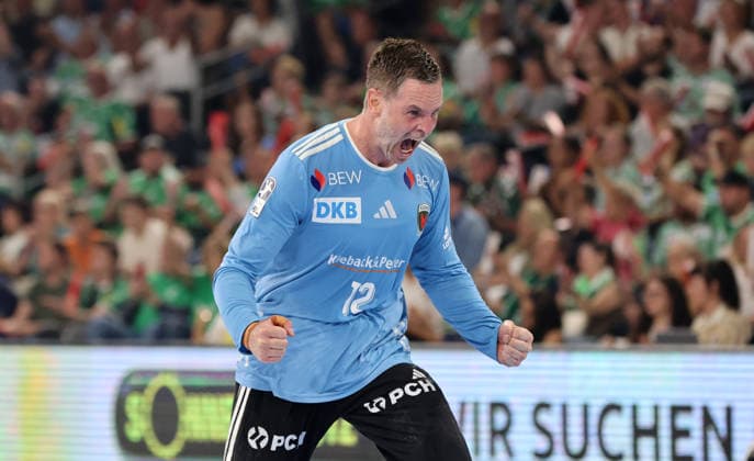 Goalkeeper Andreas Palicka celebrates after a save: Joy, Emotion, Celebration, Sports, Handball, HBL Bundesliga Men s Division 1, Matchday, 2026–2027 Season, August 27, 2026, Füchse Berlin vs. MT Melsungen