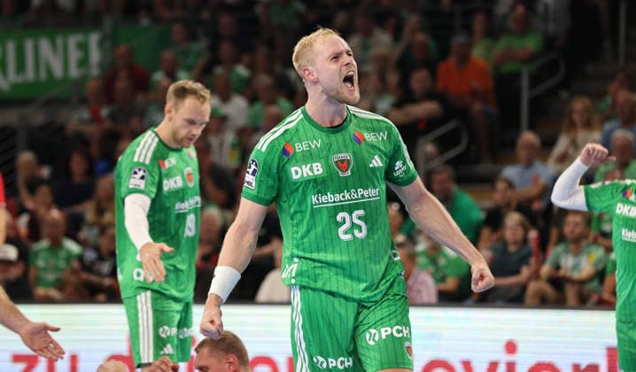 Matthes Langhoff celebrates Joy Emotion Cheering Sports Handball HBL Bundesliga Men s Division 1 Matchday Season 2026–2027 August 27, 2026 Füchse Berlin vs. MT Melsungen