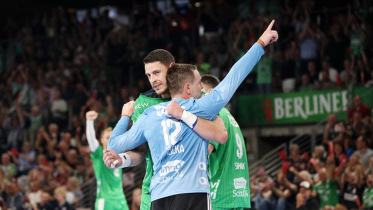 Goalkeeper Andreas Palicka celebrates after scoring his first Bundesliga goal: Joy, Emotion, Sports, Handball, HBL, Bundesliga, Men s Division 1, Matchday, 2026-2027 Season, August 27, 2026, Füchse Berlin vs. MT Melsungen