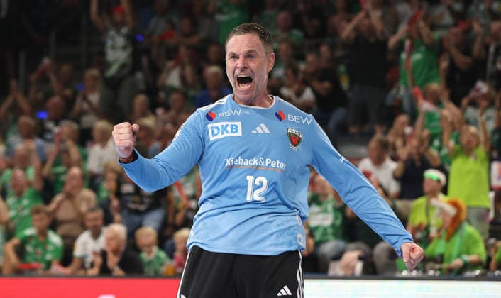 Goalkeeper Andreas Palicka celebrates after scoring his first Bundesliga goal: Joy, Emotion, Sports, Handball, HBL, Bundesliga, Men s Division 1, Matchday, 2026-2027 Season, August 27, 2026, Füchse Berlin vs. MT Melsungen