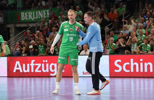 Goalkeeper Andreas Palicka celebrates his first Bundesliga goal with Mathias Gidsel. Joy, Emotion, Sports, Handball, HBL, Bundesliga, Men s Division 1, Matchday, 2026–2027 Season, August 27, 2026, Füchse Berlin vs. MT Melsungen