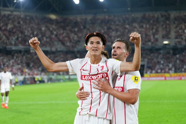 Keisuke Goto, SC Freiburg, 42, Lucas Höler, SC Freiburg, 09, goal celebration, emotions, shot on goal, finish, goal scored, goal, hit, Germany, soccer, UEFA Conference League, playoffs, second leg, 2026–2027, SC Freiburg vs. Motherwell FC, August 27, 2026, Europa-Park Stadium, Freiburg, Freiburg, Europa-Park Stadium, Baden-Württemberg, Germany Copyright: xArnexAmbergx