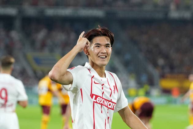 Keisuke Goto, SC Freiburg, 42, goal celebration, emotions, shot on goal, finish, goal scored, goal, hit, Germany, soccer, UEFA Conference League, playoffs, second leg, 2026–2027, SC Freiburg vs. Motherwell FC, August 27, 2026, Europa-Park Stadium, Freiburg, Freiburg, Europa-Park Stadium, Baden-Württemberg, Germany Copyright: xArnexAmbergx
