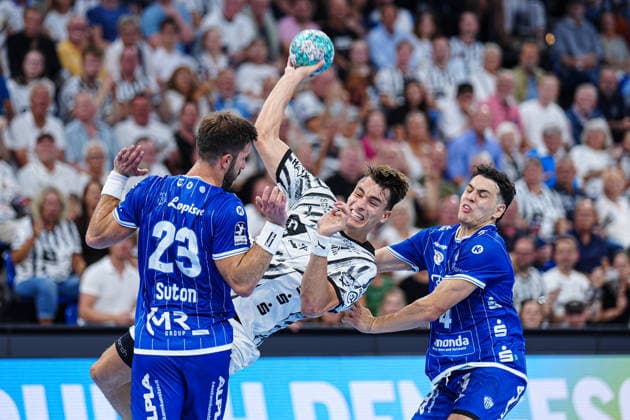 Tim Suton, TBV Lemgo Lippe, 23, Julian Köster, THW Kiel, 07, Samuel Zehnder TBV Lemgo Lippe, 04 GER, THW Kiel vs. TBV Lemgo Lippe, Handball, 1st Bundesliga, Matchday 1, 2026–2027 Season, August 27, 2026, Germany, THW Kiel vs. TBV Lemgo Lippe, Handball, 1st Bundesliga, Matchday 1, 2026–2027 season, August 27, 2026, Kiel Copyright: xEibner-Pressefoto MarcelxvonxFehrnx EP_MFN