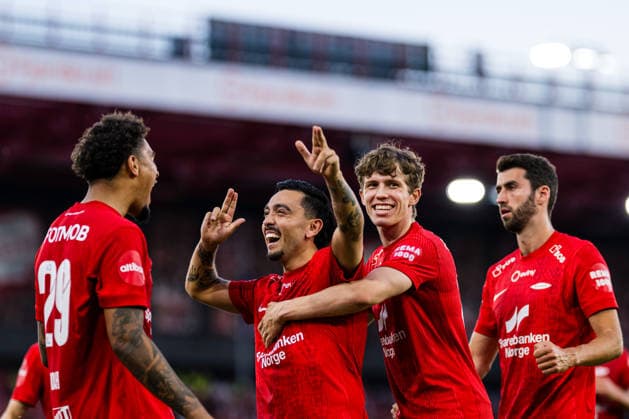 August 27, 2026: Niklas Castro of Brann celebrates after scoring the 3-2 goal on a penalty kick during the UEFA Conference League playoff match between Brann and PAOK on August 27, 2026 in Bergen. Photo by Marius Simensen. BILDBYRAN COP 238 bbeng brann football soccer celebration paok playoff skb uecl uefa conference league  Copyright: MARIUSxSIMENSEN BB260827BB856