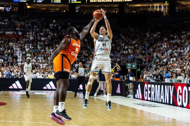 August 27, 2026, GER, FIBA 2027 Basketball World Cup, European Qualifiers, Cologne, Germany vs. Turkey; David Kraemer (Germany), 44; Nathan Kuta (Netherlands), 99; Cologne, LANXESS arena, North Rhine-Westphalia, Germany
