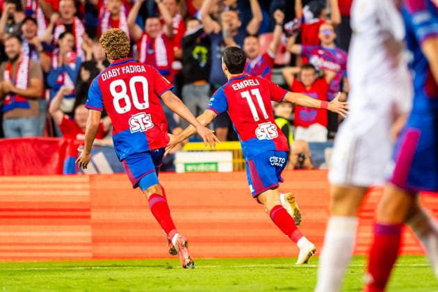 Adriano and Lamine Diaby-Fadiga and Rakow Czestochowa player celebration goal during the UEFA Conference League 2026 27 Play Off Round Second Leg match between teams of Rakow Czestochowa and Hajduk Split (Gleb Soboliev Ball Raw Images) Czestochowa Miejski Stadion PiÅ‚karski Rakow Poland Copyright: xGlebxSobolievx glebsoboliev_RAKvHAJ_070