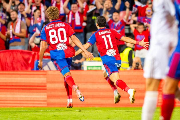 Adriano and Lamine Diaby-Fadiga and Rakow Czestochowa player celebration goal during the UEFA Conference League 2026 27 Play Off Round Second Leg match between teams of Rakow Czestochowa and Hajduk Split (Gleb Soboliev Ball Raw Images) Czestochowa Miejski Stadion PiÅ‚karski Rakow Poland Copyright: xGlebxSobolievx glebsoboliev_RAKvHAJ_071