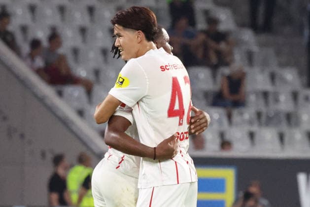 August 27, 2026, xrekx, Soccer Conference League Qualifiers, SC Freiburg vs. FC Motherwell, Cyriaque Irie, SC Freiburg, Keisuke Goto, SC Freiburg team, players celebrating after the game, team, players, celebrating at the end of the match, Freiburg