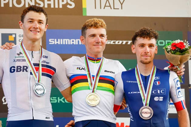 TRENTO, ITALY, AUGUST 27: From left to right: Charlie Aldridge from Great Britain (silver medalist), Adrien Yves Claude Boichis from France (gold medalist and World Champion), Luca Martin from France, bronze medalist, during the UCI Mountain Bike World Championships Men’s Elite Cross-Country Short Track World Championships at Val di Sole on August 27, 2026, in Trento, Italy Copyright: xJustPictures.ch FrancescoxMinghettix jp-en-EuSpIm-_NG_0394