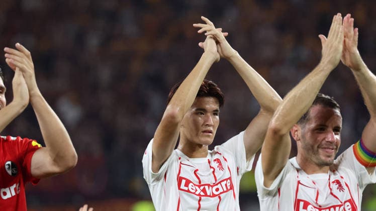 August 27, 2026, xrekx, Conference League Qualifiers, SC Freiburg vs. FC Motherwell – SC Freiburg team and players celebrating at the end of the match, Keisuke Goto, SC Freiburg, Freiburg