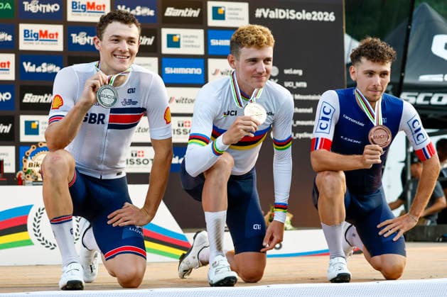 TRENTO, ITALY, AUGUST 27: From left to right: Charlie Aldridge of Great Britain (silver medalist), Adrien Yves Claude Boichis of France (gold medalist and World Champion), Luca Martin from France, bronze medalist, during the UCI Mountain Bike World Championships Men’s Elite Cross-Country Short Track World Championships at Val di Sole on August 27, 2026, in Trento, Italy Copyright: xJustPictures.ch FrancescoxMinghettix jp-en-EuSpIm-_NG_0401