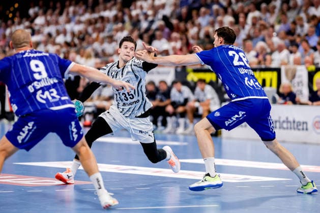 Kiel, August 27, 2026; Handball, 2026-27 Bundesliga 1; THW Kiel vs. TBV Lemgo Lippe; Domen Makuc (THW Kiel), 35; Hendrik Wagner (TBV Lemgo Lippe), 28