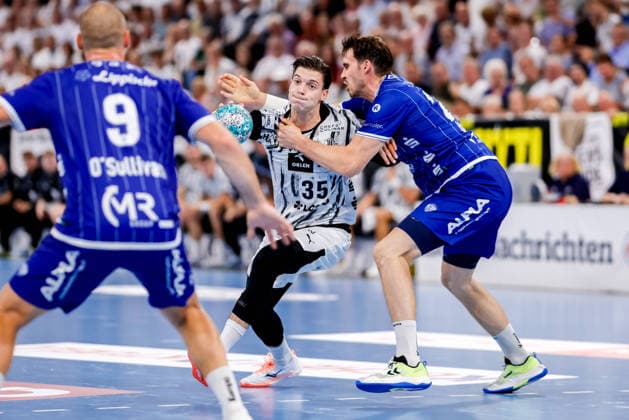 Kiel, August 27, 2026; Handball, 2026-27 Bundesliga 1; THW Kiel vs. TBV Lemgo Lippe; Domen Makuc (THW Kiel), 35; Hendrik Wagner (TBV Lemgo Lippe), 28