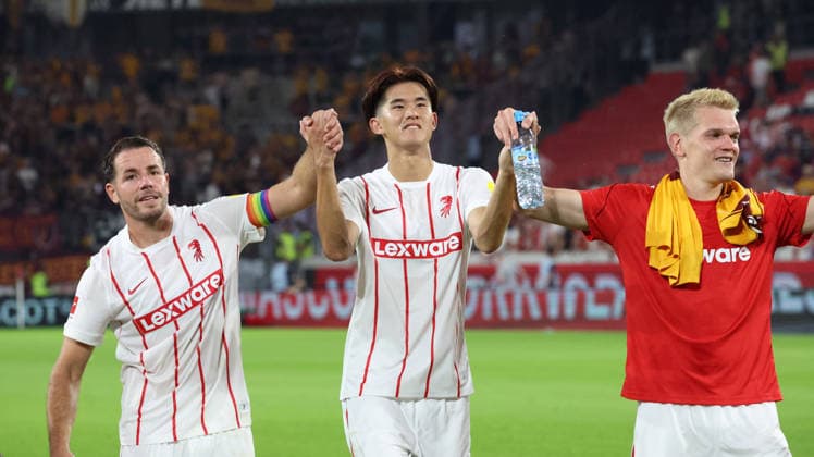 August 27, 2026, xrekx, Soccer Conference League Qualifiers, SC Freiburg vs. FC Motherwell, Christian Guenter (SC Freiburg), Keisuke Goto (SC Freiburg), Matthias Ginter (SC Freiburg), SC Freiburg team, players celebrating after the match, Freiburg