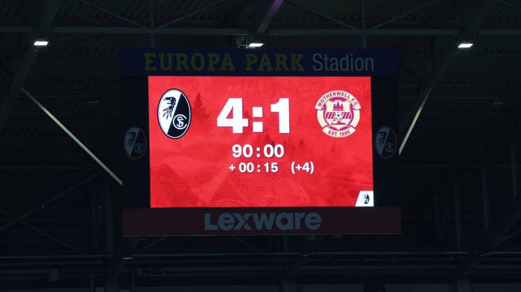 August 27, 2026, xrekx, Soccer Conference League Qualifiers, SC Freiburg vs. FC Motherwell – Scoreboard, Video Wall, Info, Advertising, Final Score: Freiburg