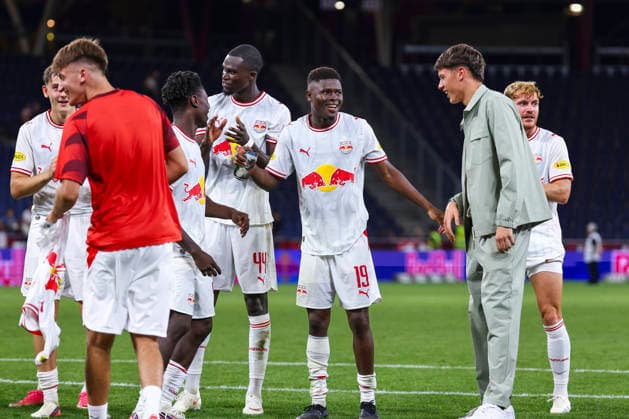 SOCCER - UEFA EL, RBS vs Mjaellby SALZBURG,AUSTRIA,27.AUG.26 - SOCCER - UEFA Europa League, play-off, Red Bull Salzburg vs Mjaellby AIF. Image shows the celebration of Karim Konate (RBS).  GEPAxpictures xDavidxGeieregger