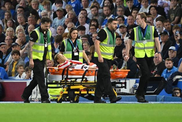 Vetie Skjoervik of Tromso goes off injured on a stretcher during the Europa Conference League Qualifying match between Brighton and Hove Albion and Tromso at the American Express Stadium, Brighton UK - Thursday 27th August 2026 Brighton v Tromso Europa Conference League 2026, Amex Stadium, Sussex, UK - 27 Aug 2026Brighton Amex Stadium Sussex United Kingdom Editorial use only. No merchandising. For Football images FA and Premier League restrictions apply inc. no internet mobile usage without FAPL license - for details contact Football Dataco  Copyright: xLizxFinlayson TPI Shutterstockx 17121964ah