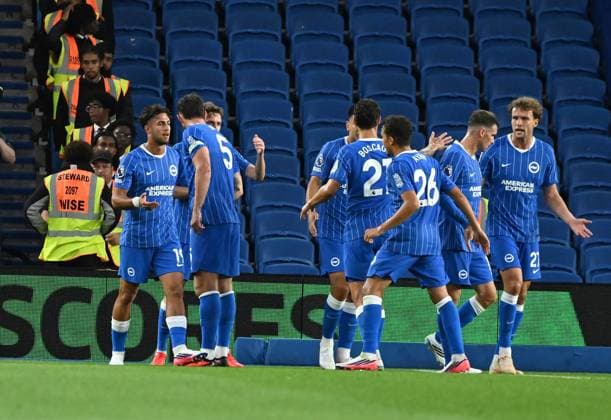 Charalampos Kostoulas of Brighton celebrates after giving Brighton a one nil lead during the Europa Conference League Qualifying match between Brighton and Hove Albion and Tromso at the American Express Stadium, Brighton UK - Thursday 27th August 2026 Brighton v Tromso Europa Conference League 2026, Amex Stadium, Sussex, UK - 27 Aug 2026Brighton Amex Stadium Sussex United Kingdom Editorial use only. No merchandising. For Football images FA and Premier League restrictions apply inc. no internet mobile usage without FAPL license - for details contact Football Dataco  Copyright: xLizxFinlayson TPI Shutterstockx 17121964ai