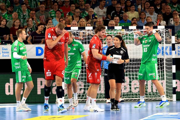August 27, 2026, GER Germany, Handball, 1st Bundesliga, August 27, 2026, 2026–2027 season, Berlin, Fuechse Berlin vs. Melsungen Mathias Gidsel (Fuechse Berlin 19), Mijajlo Marsenic (Fuechse Berlin 93), Dainis Kristopans (MT Melsungen 10), Ben Beekmann (MT Melsungen 14), Referee: Berlin, Max Schmeling Hall, Berlin, Germany Copyright: xNordphotox xEnglerx