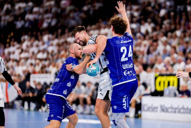 Kiel, August 27, 2026 Handball, 2026 Bundesliga 1, Matchday 27: THW Kiel vs. TBV Lemgo Lippe. Christian O’Sullivan (TBV Lemgo Lippe), 9; Harald Reinkind (THW Kiel), 6; Joel Willecke (TBV Lemgo Lippe), 24