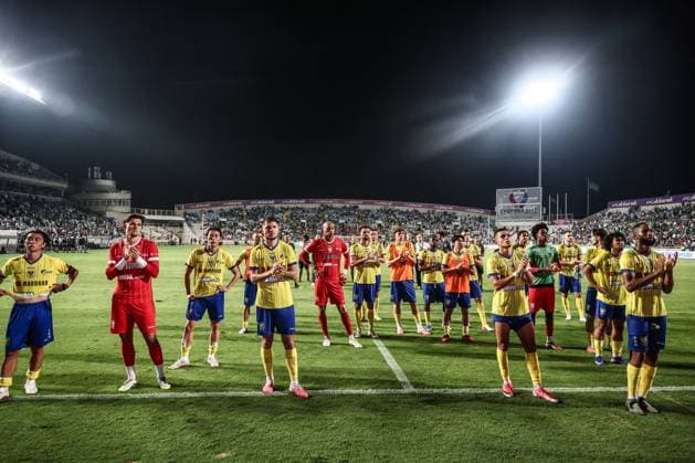 STVV s players look dejected after losing a soccer game between Cypriot AC Omonia Nicosia and Belgian soccer team Sint-Truidense V.V., Thursday 27 August 2026 in Nicosie, Cyprus, on the return leg of the play-off round for the UEFA Europa League league phase. STVV won the first leg 1-0. BRUNOxFAHY  x184508647x
