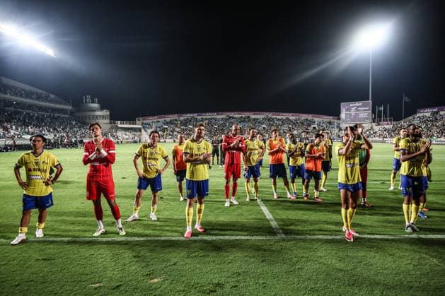 STVV s players look dejected after losing a soccer game between Cypriot AC Omonia Nicosia and Belgian soccer team Sint-Truidense V.V., Thursday 27 August 2026 in Nicosie, Cyprus, on the return leg of the play-off round for the UEFA Europa League league phase. STVV won the first leg 1-0. BRUNOxFAHY  x184508649x